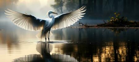 großartig Weiß Storch im das nebelig Mystiker Wald, auf das See. ein groß Storch mit Verbreitung es ist Flügel ai generativ foto