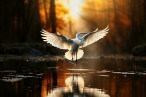 großartig Weiß Storch im das nebelig Mystiker Wald, auf das See. ein groß Storch mit Verbreitung es ist Flügel. ai generativ foto