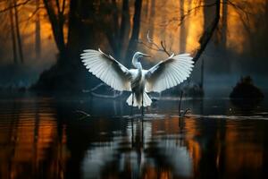 großartig Weiß Storch im das nebelig Mystiker Wald, auf das See. ein groß Storch mit Verbreitung es ist Flügel. ai generativ foto