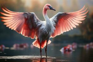 Rosa Flamingo mit Verbreitung Flügel im das neblig Wald. 3d Illustration. Tierwelt Szene von Natur. ai generativ foto