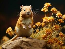 Hamster Sitzung auf ein Felsen mit Blumen auf ein dunkel Hintergrund. ai generativ foto