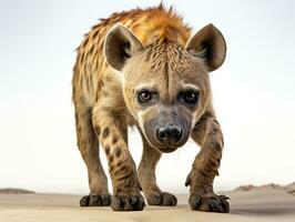 Nahansicht Porträt von Hyäne suchen beim Kamera. isoliert auf grau Hintergrund. ai generativ foto