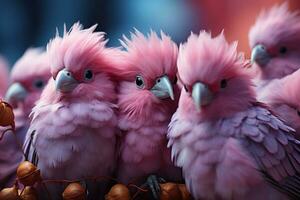 Gruppe von Rosa Papageien Sitzung auf ein Ast im das Garten. ai generativ foto