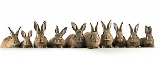 Gruppe von Ostern Hasen im Vorderseite von ein Weiß Hintergrund. ai generativ foto