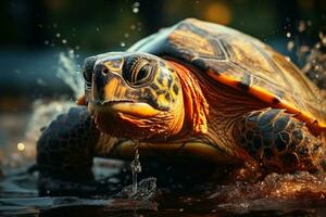 hawaiisch Grün Meer Schildkröte Schwimmen im das Ozean beim Sonnenuntergang.. ai generativ foto