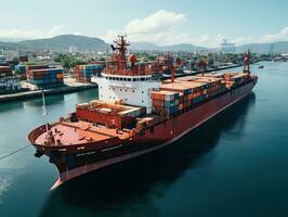 Antenne Aussicht von Container Ladung Schiff mit Arbeiten Kran Brücke im Hafen. ai generativ foto