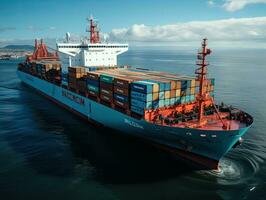 Antenne Aussicht von Container Ladung Schiff mit Arbeiten Kran Brücke im Hafen. ai generativ foto