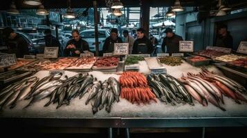 frisch Fisch zum Verkauf beim das schwebend Markt oder Fisch Markt. im Thailand, Asien. ai generativ foto