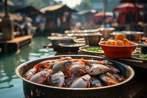 frisch Fisch zum Verkauf beim das schwebend Markt oder Fisch Markt. im Thailand, Asien. ai generativ foto