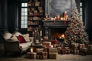 Luxus Leben Zimmer Innere mit Weihnachten Baum und Kamin. 3d Wiedergabe. ai generativ foto
