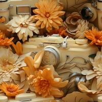 retro Kamera mit Blumen und Blätter auf das Hintergrund. 3d Illustration. ai generativ foto
