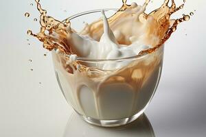 Tasse von Kaffee, Schokolade Milch, Karamell mit Milch Spritzen auf Weiß Hintergrund, Nahaufnahme. ai generativ foto