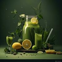Obst und Gemüse Saft im ein Flasche mit fliegend Früchte und Gemüse. Entgiftung Konzept. ai generativ foto