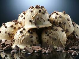 Schokolade Eis Sahne Bälle mit Schokolade Rasuren auf Blau Hintergrund. ai generativ foto