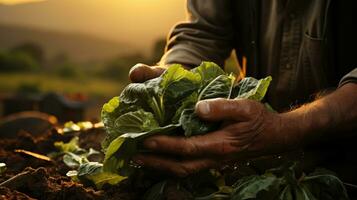 Nahansicht von männlich Hände halten frisch organisch Grün Salat, Grüner Salat im Boden. ai generativ foto