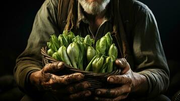 Farmer halten Korb von frisch Grün Zwiebeln im das Feld, Nahaufnahme. ai generativ foto