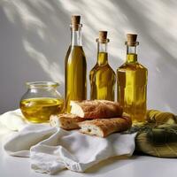 Olive Öl und Brot auf ein Tabelle im das Küche. Essen Hintergrund. ai generativ foto