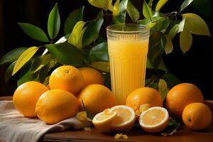 Glas von frisch Orange Saft und Orangen auf hölzern Tisch, schwarz Hintergrund. ai generativ foto