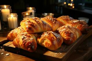 lecker Croissants auf hölzern Tafel foto