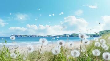 Weiß Löwenzahn auf das Strand mit ein Boot im das Hintergrund. flauschige Löwenzahn Blume auf das Strand mit Blau Himmel und Weiß Wolken. foto