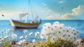 Weiß Löwenzahn auf das Strand mit ein Boot im das Hintergrund. flauschige Löwenzahn Blume auf das Strand mit Blau Himmel und Weiß Wolken. foto