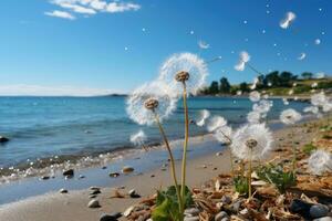 Weiß Löwenzahn auf das Strand mit ein Boot im das Hintergrund. flauschige Löwenzahn Blume auf das Strand mit Blau Himmel und Weiß Wolken. foto