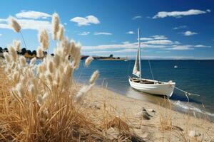 Weiß Löwenzahn auf das Strand mit ein Boot im das Hintergrund. flauschige Löwenzahn Blume auf das Strand mit Blau Himmel und Weiß Wolken. foto