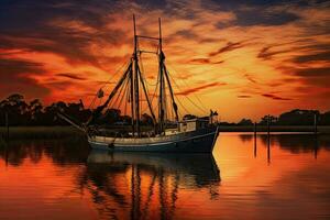Angeln Boot auf das Wasser beim Sonnenuntergang mit ein Betrachtung im Wasser und ein schön Himmel. dramatisch Himmel und schön Natur Hintergrund., wunderbar Meereslandschaft. foto
