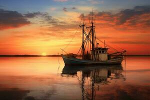 Angeln Boot auf das Wasser beim Sonnenuntergang mit ein Betrachtung im Wasser und ein schön Himmel. dramatisch Himmel und schön Natur Hintergrund., wunderbar Meereslandschaft. foto