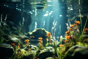 unter Wasser Szene mit Korallen und tropisch Fisch. unter Wasser Welt. Aquarium Dekoration bestehend aus von natürlich, tropisch Steine und Pflanzen. und das schön Atmosphäre erstellt durch das Licht Balken. foto