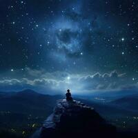 Silhouette von Mann Sitzung auf oben von Berg und suchen beim Nacht Himmel. ai generiert foto