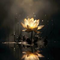 schön Gelb Lotus Blume auf das Sumpf, Wasser mit dunkel Hintergrund. Mystiker Weiß Lotus Blume im das Teich mit Rauch und Feuer. ai generiert foto