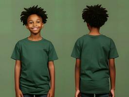 Vorderseite und zurück Ansichten von ein wenig Junge tragen ein Grün T-Shirt. ai generiert foto