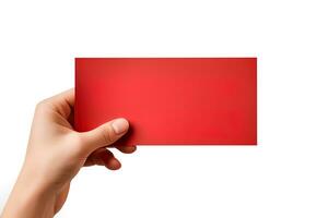 ein Mensch Hand halten ein leer Blatt von rot Papier oder Karte isoliert auf Weiß Hintergrund. ai generiert foto