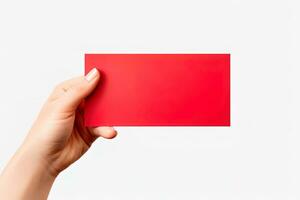 ein Mensch Hand halten ein leer Blatt von rot Papier oder Karte isoliert auf Weiß Hintergrund. ai generiert foto