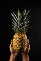 Hand halt frisch Ananas isoliert auf ein schwarz Hintergrund. ai generiert foto