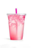 Rosa trinken im Plastik Tasse isoliert auf Weiß Hintergrund. nehmen Weg Getränke Konzept. ai generiert foto