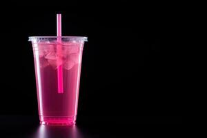 Rosa trinken im Plastik Tasse isoliert auf schwarz Hintergrund. nehmen Weg Getränke Konzept mit Kopieren Raum. ai generiert foto