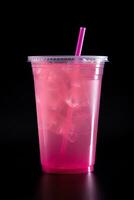 Rosa trinken im Plastik Tasse isoliert auf schwarz Hintergrund. nehmen Weg Getränke Konzept. ai generiert foto