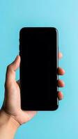 Hand halten Smartphone mit ein schwarz leer Bildschirm isoliert auf ein Blau Hintergrund. ai generiert foto
