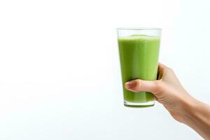 Hand hält ein Glas von frisch Grün Smoothie. Sommer- trinken Milchshake und Erfrischung organisch Konzept mit Kopieren Raum. ai generiert foto