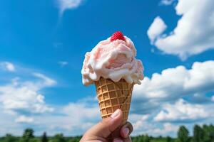 Hand halten Erdbeere Eis Sahne mit Kegel isoliert auf ein Blau Himmel und Wolke Hintergrund. ai generiert foto