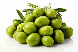 ai generativ Bild von frisch Grün Oliven mit Weiß Hintergrund foto