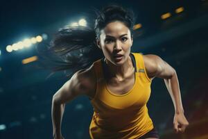 ai generativ entschlossen asiatisch weiblich Athlet im Aktion beim ein Sport Arena unter beschwingt Stadion Beleuchtung foto