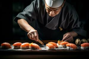 ai generativ japanisch Koch ist Herstellung Sushi foto
