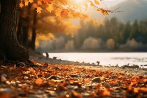 ai generativ von ein heiter Herbst Landschaft golden Blätter Startseite das Boden foto