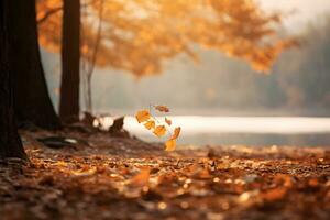 ai generativ von ein heiter Herbst Landschaft golden Blätter Startseite das Boden foto