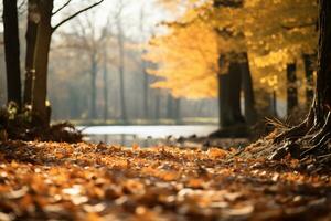 ai generativ von ein heiter Herbst Landschaft golden Blätter Startseite das Boden foto