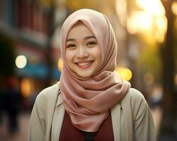 ai generativ schön asiatisch Muslim Mädchen tragen Hijab foto