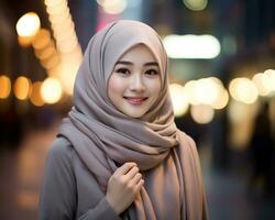 ai generativ schön asiatisch Muslim Mädchen tragen Hijab foto